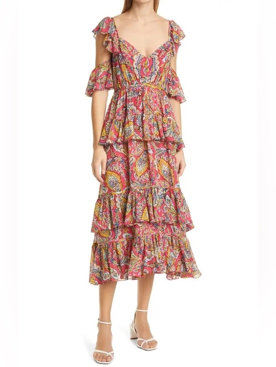 cinq a sept Dresses & Skirts - Cinq a Sept Collier Ruffle Cold Shoulder Chiffon Dress in Primrose Pink Paisley